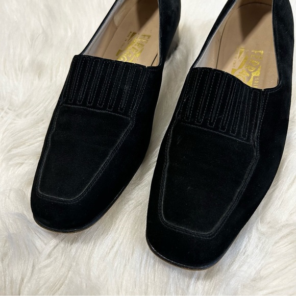 Salvatore Ferragamo Black Suede Square Toed Loafer Shoes Size 8.5 - Picture 3 of 11